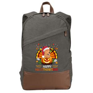 Cute Dog Lover Xmas Lights Turkey Santa Hat Hallothanksmas Gift Cotton Canvas Backpack