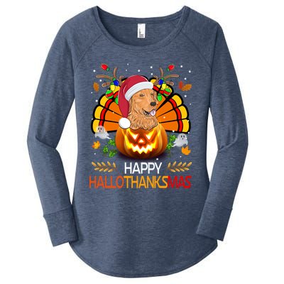 Cute Dog Lover Xmas Lights Turkey Santa Hat Hallothanksmas Gift Women's Perfect Tri Tunic Long Sleeve Shirt