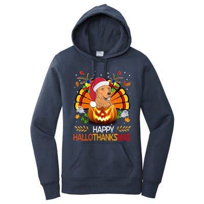 Cute Dog Lover Xmas Lights Turkey Santa Hat Hallothanksmas Gift Women's Pullover Hoodie