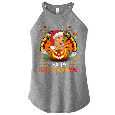 Cute Dog Lover Xmas Lights Turkey Santa Hat Hallothanksmas Gift Women's Perfect Tri Rocker Tank