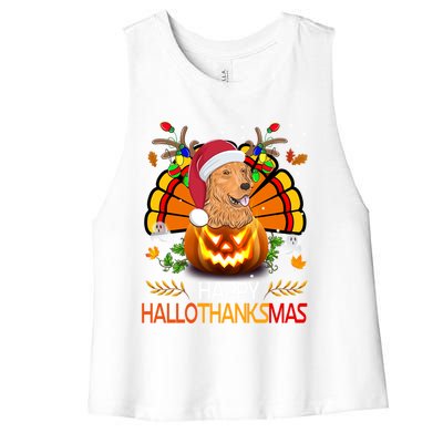 Cute Dog Lover Xmas Lights Turkey Santa Hat Hallothanksmas Gift Women's Racerback Cropped Tank