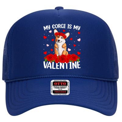 Corgi Dog Lover Red Rose Flower Corgi Valentine's Day Gift High Crown Mesh Back Trucker Hat