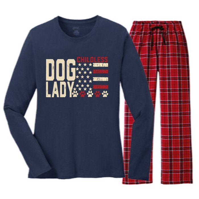 Childless Dog Lady Vote 2024 Us Flag Democratic President Women's Long Sleeve Flannel Pajama Set 