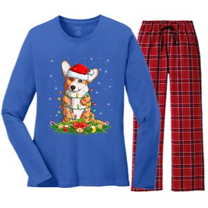 Corgi Dog Lover Lighting Xmas Santa Corgi Christmas Gift Women's Long Sleeve Flannel Pajama Set 