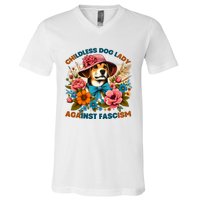 Childless Dog Lady Against Fascism Voting Kamala Dog Owners V-Neck T-Shirt