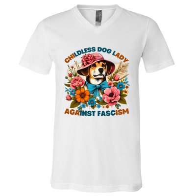 Childless Dog Lady Against Fascism Voting Kamala Dog Owners V-Neck T-Shirt