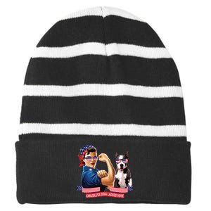 Childless Dog Lady Is Voting Kamala Election Usa 2024 Striped Beanie with Solid Band