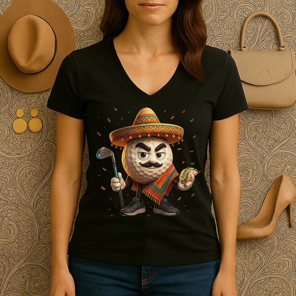 Cinco De Mayo Golf Ball With Sombrero Margarita Golf Lover Women's V-Neck T-Shirt