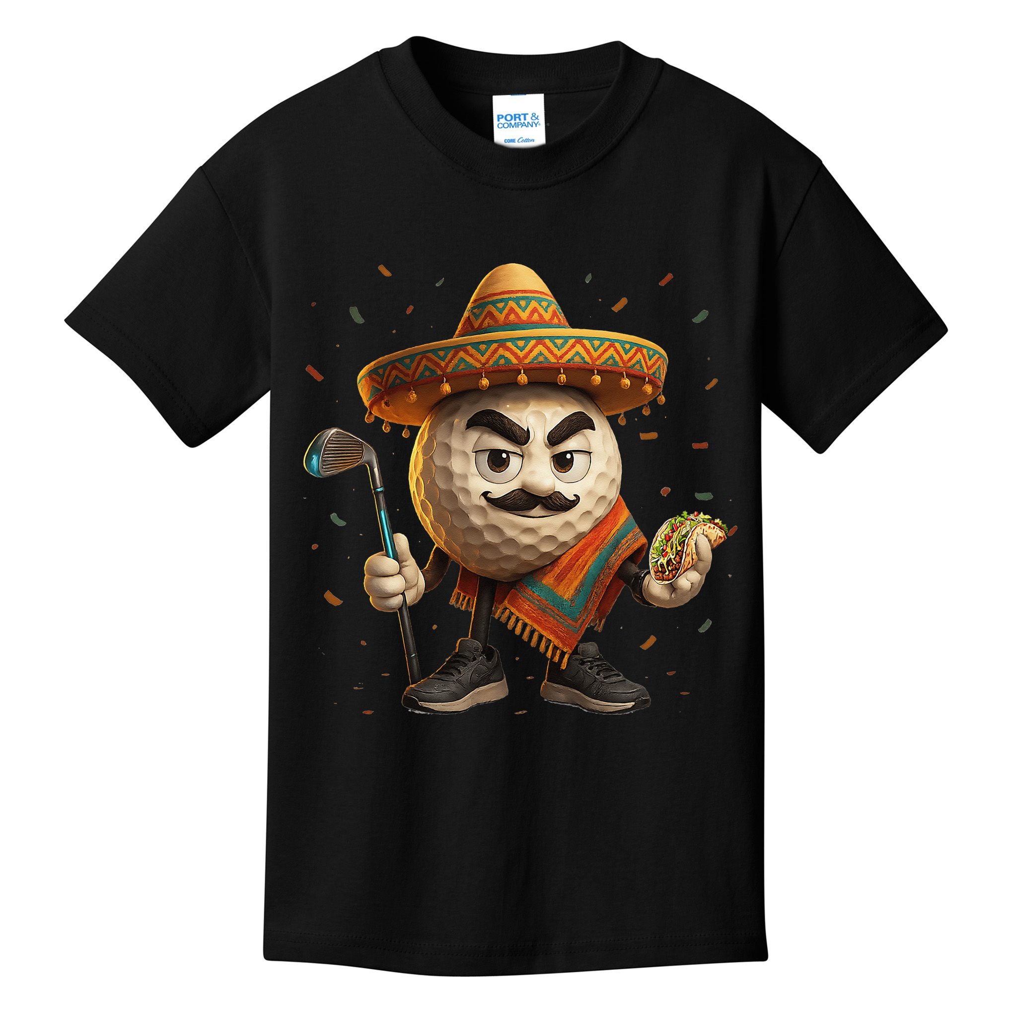 Cinco De Mayo Golf Ball With Sombrero Margarita Golf Lover Kids T-Shirt