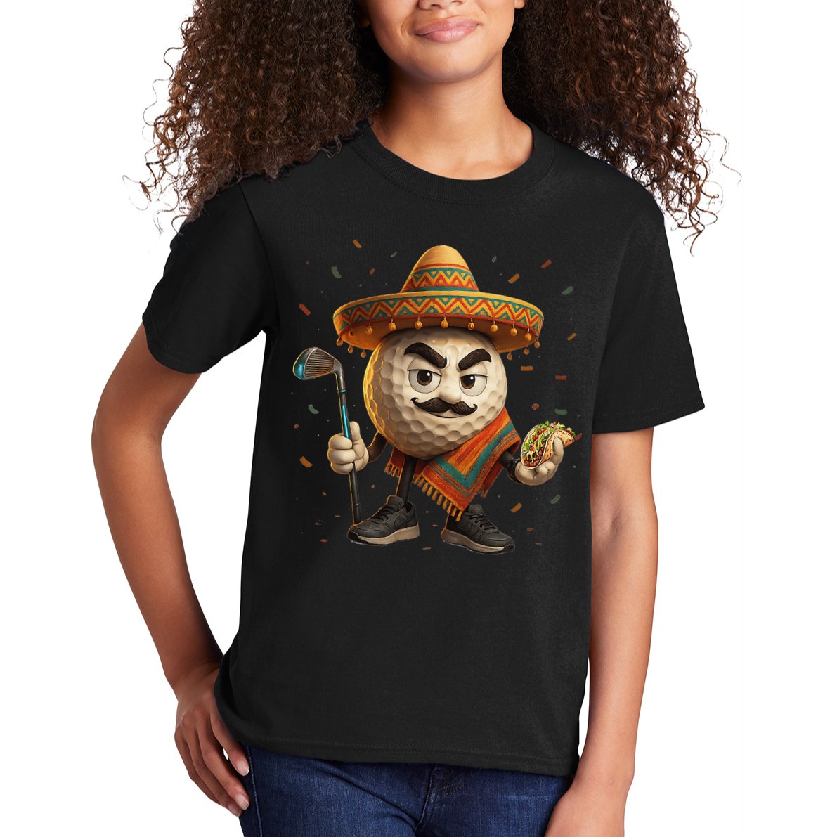 Cinco De Mayo Golf Ball With Sombrero Margarita Golf Lover Kids T-Shirt