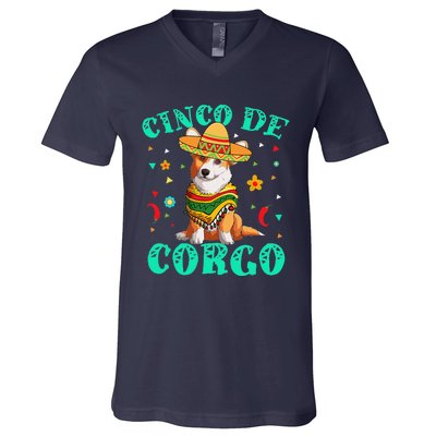 Cinco De Mayo Corgi Dog With A Poncho & Mexican Hat V-Neck T-Shirt