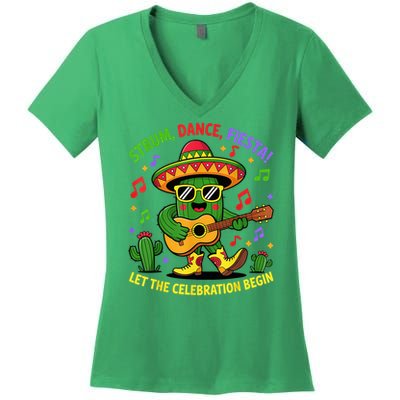 Cinco De Mayo Cute Catus Strum Dance Fiesta Party Women's V-Neck T-Shirt