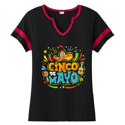 Cinco De Mayo Funny Mexican Sombrero Maracas With Tacos Ladies Halftime Notch Neck Tee