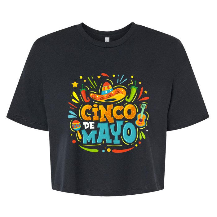 Cinco De Mayo Funny Mexican Sombrero Maracas With Tacos Bella+Canvas Jersey Crop Tee