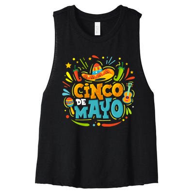 Cinco De Mayo Funny Mexican Sombrero Maracas With Tacos Women's Racerback Cropped Tank