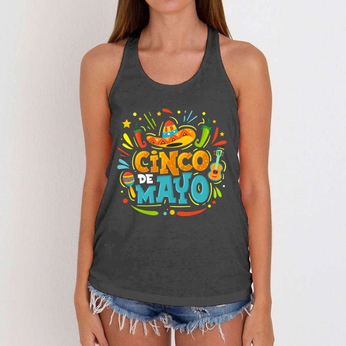 Cinco De Mayo Funny Mexican Sombrero Maracas With Tacos Women's Knotted Racerback Tank