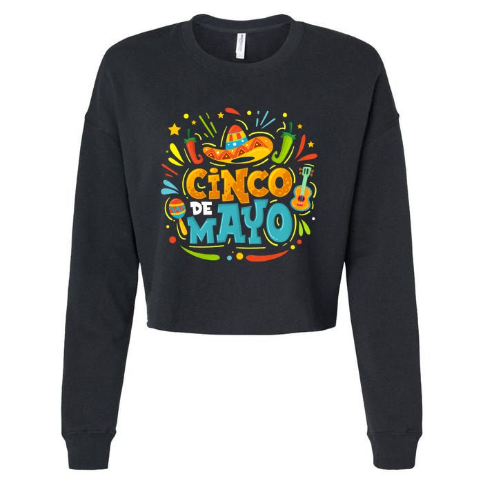 Cinco De Mayo Funny Mexican Sombrero Maracas With Tacos Cropped Pullover Crew