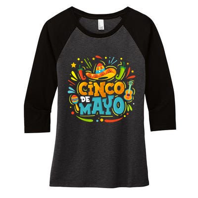 Cinco De Mayo Funny Mexican Sombrero Maracas With Tacos Women's Tri-Blend 3/4-Sleeve Raglan Shirt