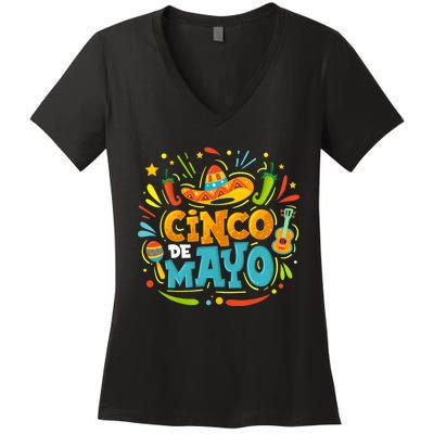 Cinco De Mayo Funny Mexican Sombrero Maracas With Tacos Women's V-Neck T-Shirt