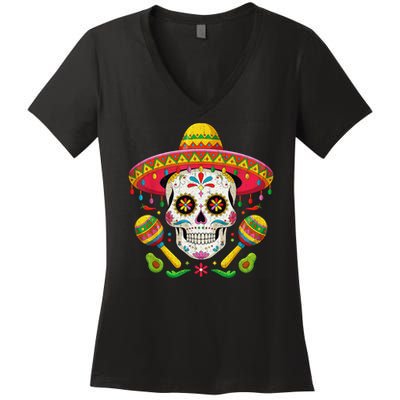 Cinco De Mayo Skull With Sombrero Hat Women's V-Neck T-Shirt