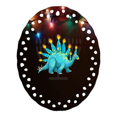 Cute Dinosaur Menorasaurus Hanukkah Stegosaurus Chanukah Kid Ceramic Oval Ornament