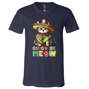 Cinco De Mayo Funny Mexican Cat Sombrero Poncho V-Neck T-Shirt