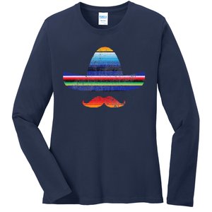 Cinco De Mayo Serape Blanket Inspired Sombrero Mustache Ladies Long Sleeve Shirt