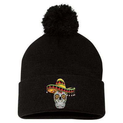 Cinco De Mayo Fiesta Skull Pom Pom 12in Knit Beanie