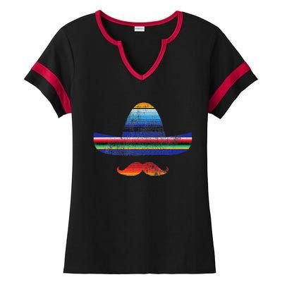 Cinco De Mayo Serape Blanket Inspired Sombrero Mustache Ladies Halftime Notch Neck Tee