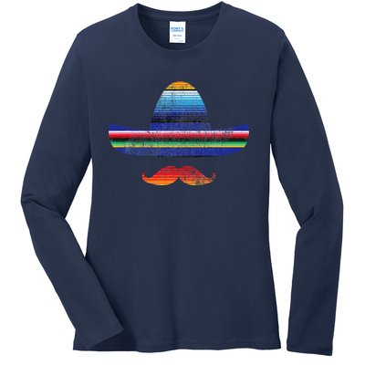 Cinco De Mayo Serape Blanket Inspired Sombrero Mustache Ladies Long Sleeve Shirt