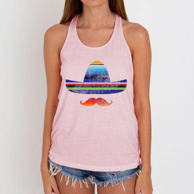 Cinco De Mayo Serape Blanket Inspired Sombrero Mustache Women's Knotted Racerback Tank