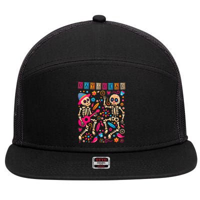 Colorful Dancing Mexican Skeletons Cute Day Of The Dead 7 Panel Mesh Trucker Snapback Hat