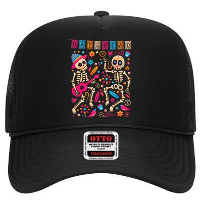 Colorful Dancing Mexican Skeletons Cute Day Of The Dead High Crown Mesh Back Trucker Hat