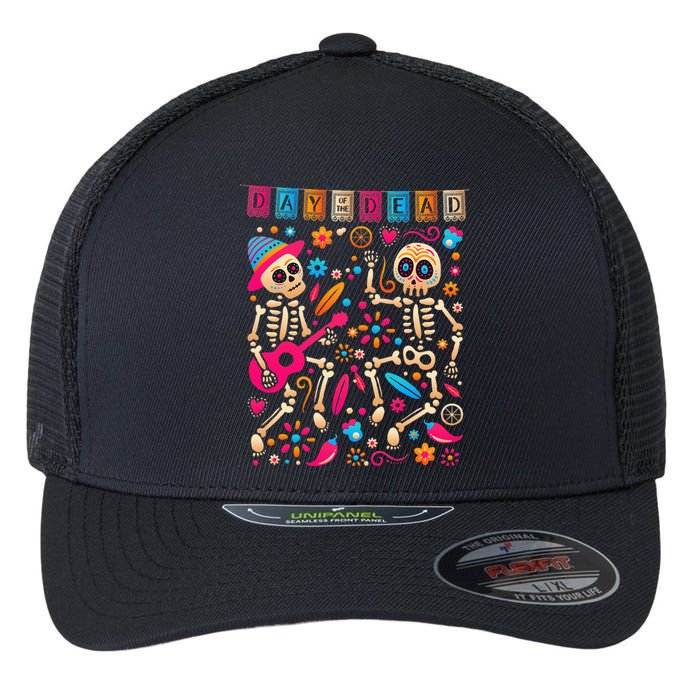 Colorful Dancing Mexican Skeletons Cute Day Of The Dead Flexfit Unipanel Trucker Cap