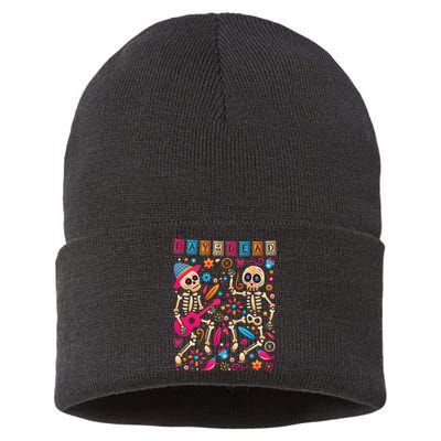 Colorful Dancing Mexican Skeletons Cute Day Of The Dead Sustainable Knit Beanie