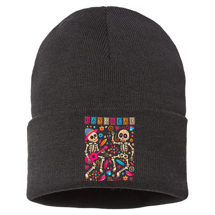 Colorful Dancing Mexican Skeletons Cute Day Of The Dead Sustainable Knit Beanie