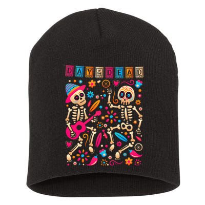 Colorful Dancing Mexican Skeletons Cute Day Of The Dead Short Acrylic Beanie