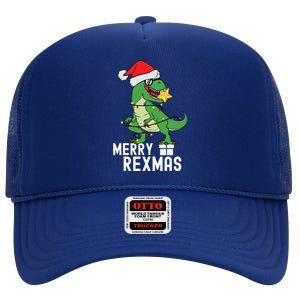 Christmas Dinosaur Merry Rexmas Tree Rex Christmas Gift High Crown Mesh Back Trucker Hat