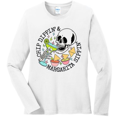 Chippin Dippin Margarita Sippin Skull Ladies Long Sleeve Shirt