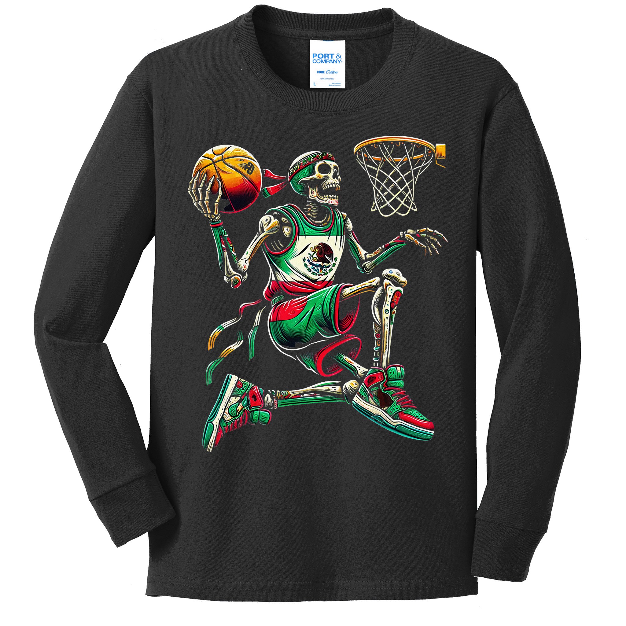 Cinco De Mayo 2025 Skeleton Play Basketball Sombrero Fiesta Kids Long Sleeve Shirt