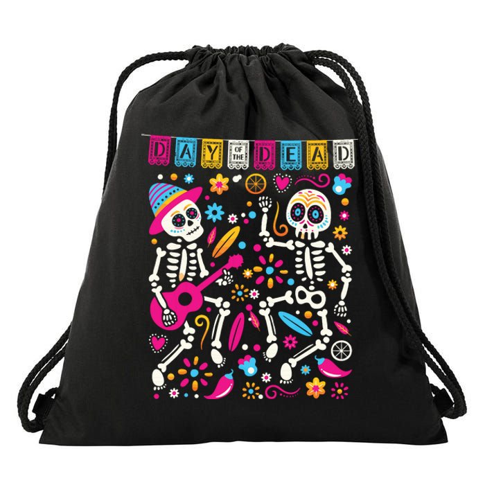 Colorful Dancing Mexican Skeletons Cute Day Of The Dead Drawstring Bag