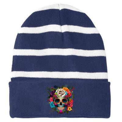 Cinco De Mayo Sugar Skull Day Of The Dead Mexican Fiesta Striped Beanie with Solid Band