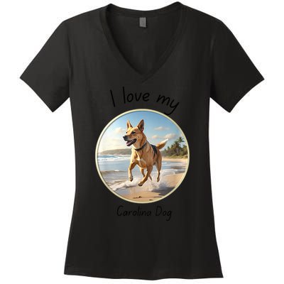 Carolina Dog Matter Dog Running On Beach Women's V-Neck T-Shirt
