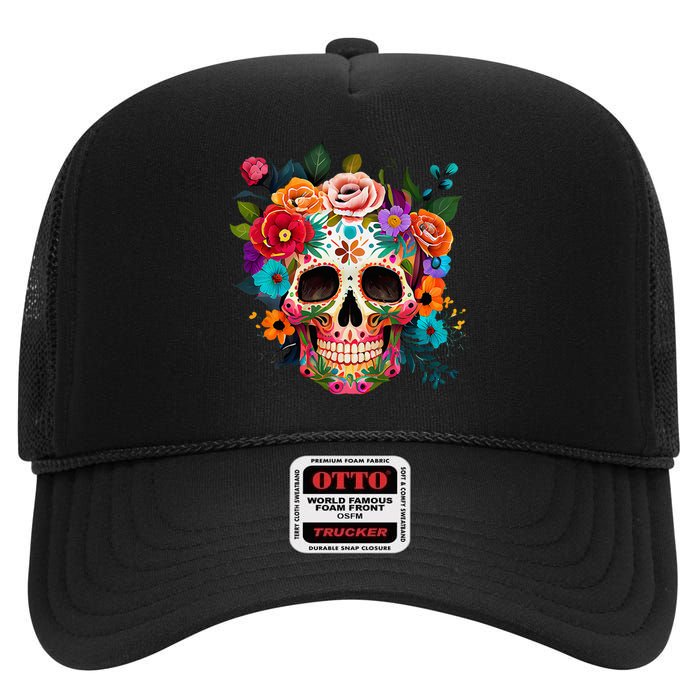 Cinco De Mayo Sugar Skull Day Of The Dead Mexican Fiesta High Crown Mesh Back Trucker Hat