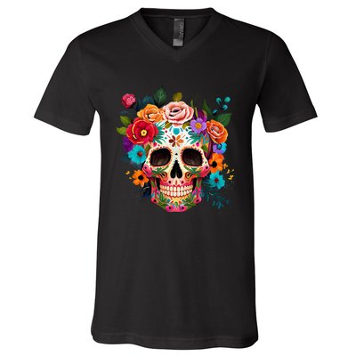 Cinco De Mayo Sugar Skull Day Of The Dead Mexican Fiesta V-Neck T-Shirt