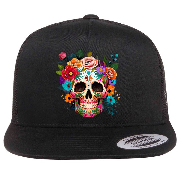 Cinco De Mayo Sugar Skull Day Of The Dead Mexican Fiesta Flat Bill Trucker Hat