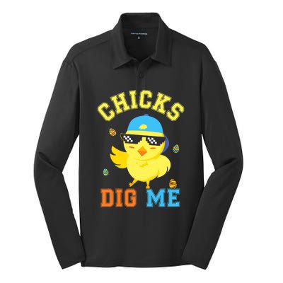 Chicks Dig Me Happy Easter Egg Hunt Funny Silk Touch Performance Long Sleeve Polo