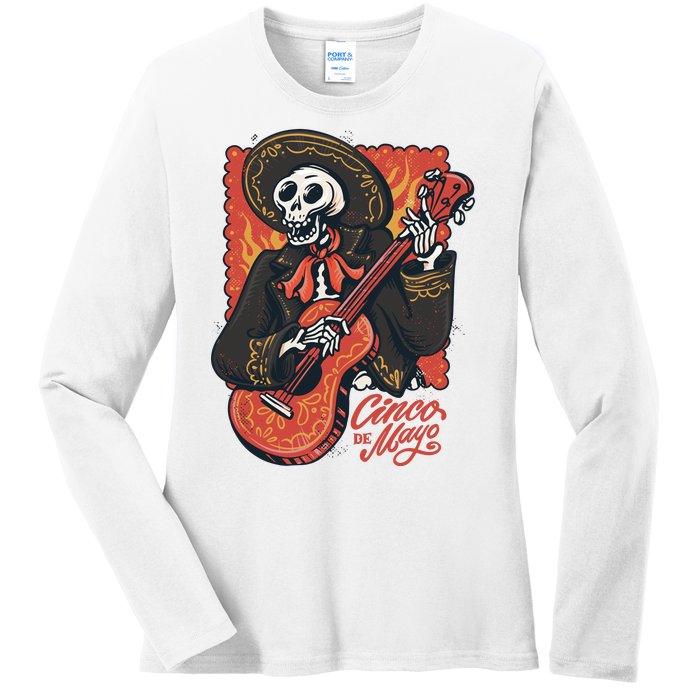 Cinco De Mayo Skeleton Guitar Ladies Long Sleeve Shirt