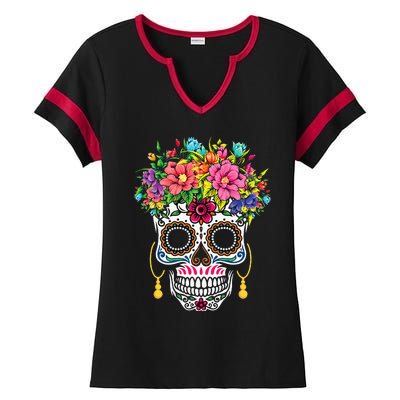 Cinco De Mayo Sugar Skull Dia De Los Muertos Day Of Dead Ladies Halftime Notch Neck Tee