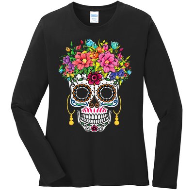 Cinco De Mayo Sugar Skull Dia De Los Muertos Day Of Dead Ladies Long Sleeve Shirt